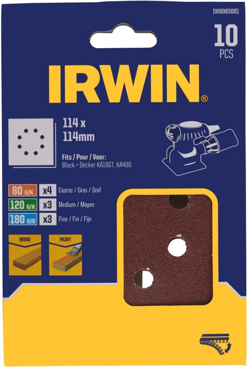 schuurvel 115 x 115 mm K80/K120/K180 zelfhechtend, met perforatie, 10 stuks. de Irwin – image du produit