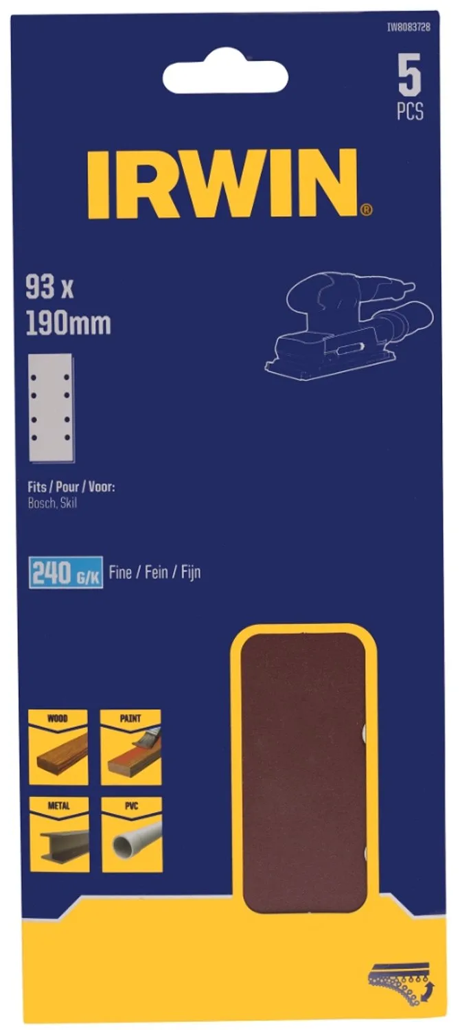 schuurvel 190 x 93 mm K240 zelfhechtend, met perforatie voor Bosch, Skil, Gamma, Makita, Metabo, 5 stuks. de Irwin – image du produit