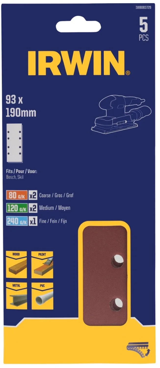 schuurvel 190 x 93 mm K80/K120/K240 zelfhechtend, met perforatie voor Bosch, Skil, Gamma, Makita, Metabo, 5 stuks. de Irwin – image du produit