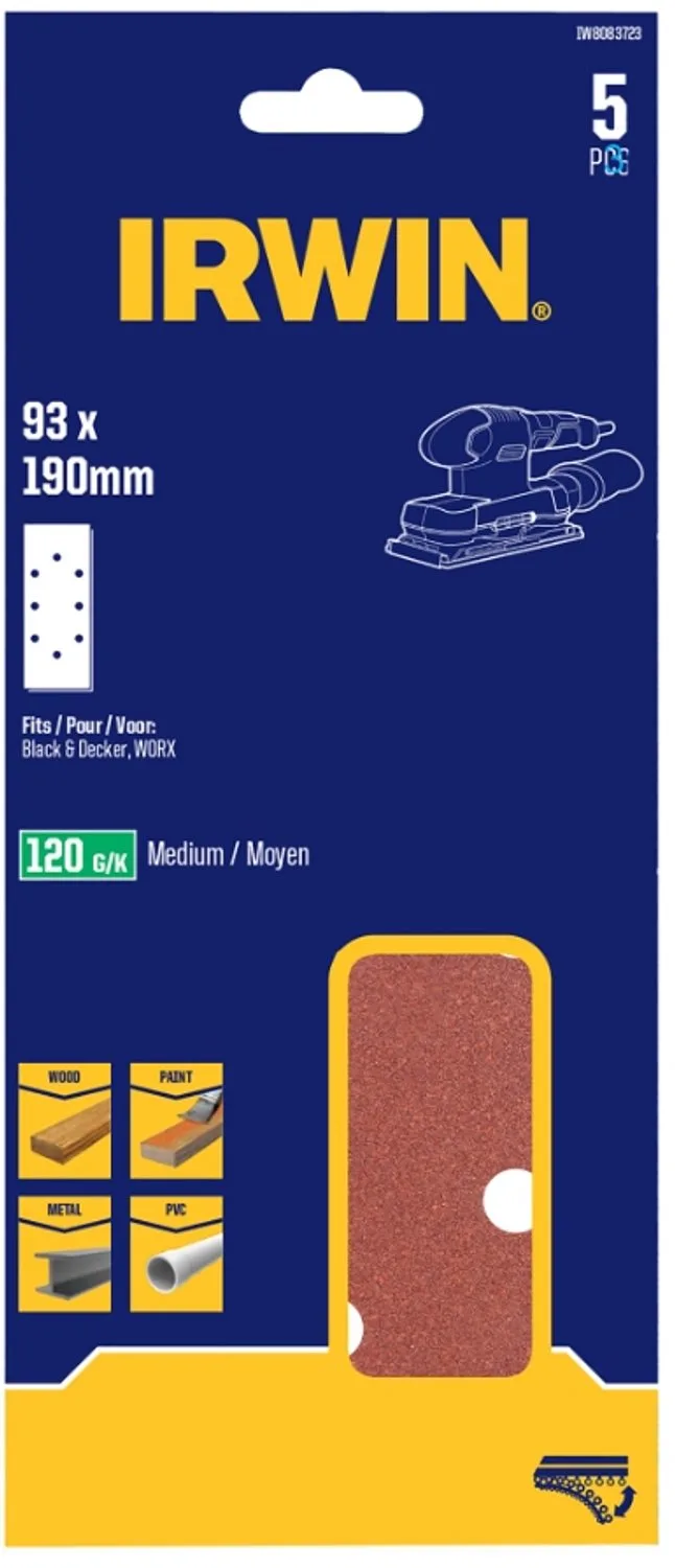 schuurvel 190 x 93 mm K80 zelfhechtend, met perforatie voor B+D, 5 stuks. de Irwin – image du produit