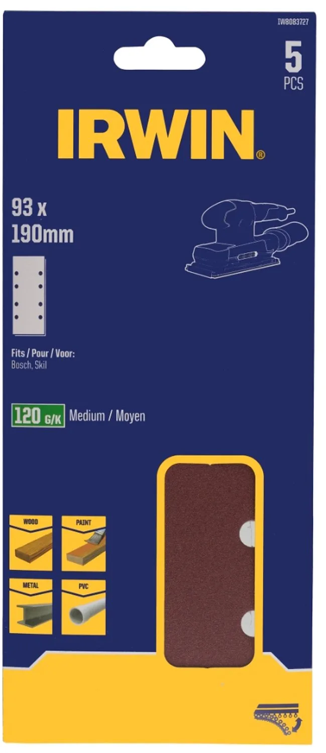 schuurvel 190 x 93 mm K80 zelfhechtend, met perforatie voor Bosch, Skil, Gamma, Makita, Metabo, 5 stuks. de Irwin – image du produit
