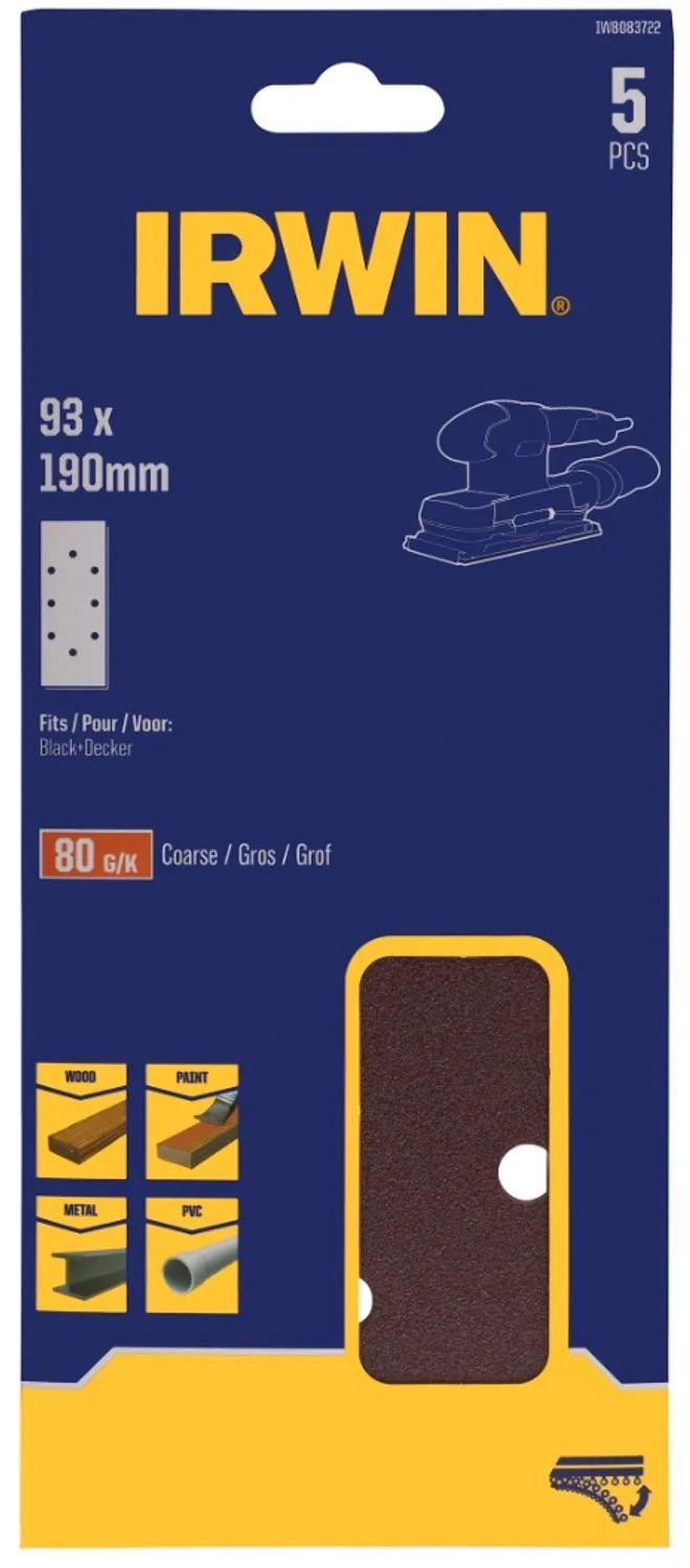 schuurvel 190 x 93 mm K80 zelfhechtend, met perforatie voor B+D, 5 stuks. von Irwin – Produktbild
