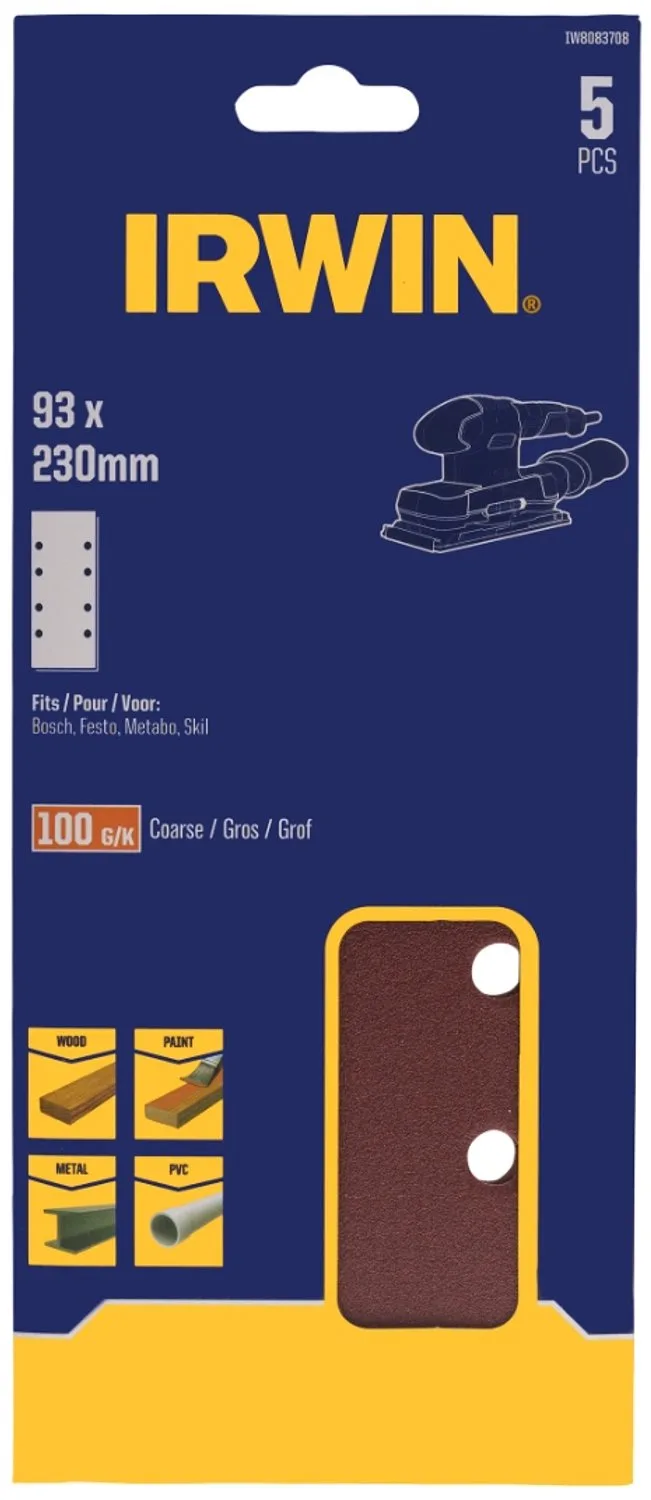 schuurvel 230 x 93 mm K100 voor klembevestiging, met perforatie voor Bosch, Skil, Gamma, Makita, Metabo, 5 stuks. von Irwin – Produktbild