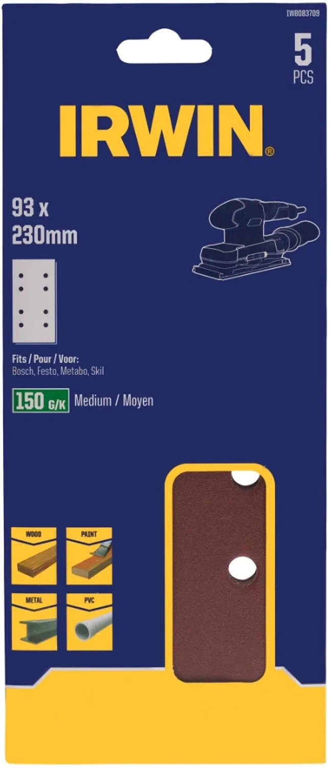 schuurvel 230 x 93 mm K150 voor klembevestiging, met perforatie voor Bosch, Skil, Gamma, Makita, Metabo, 5 stuks. by Irwin – product image