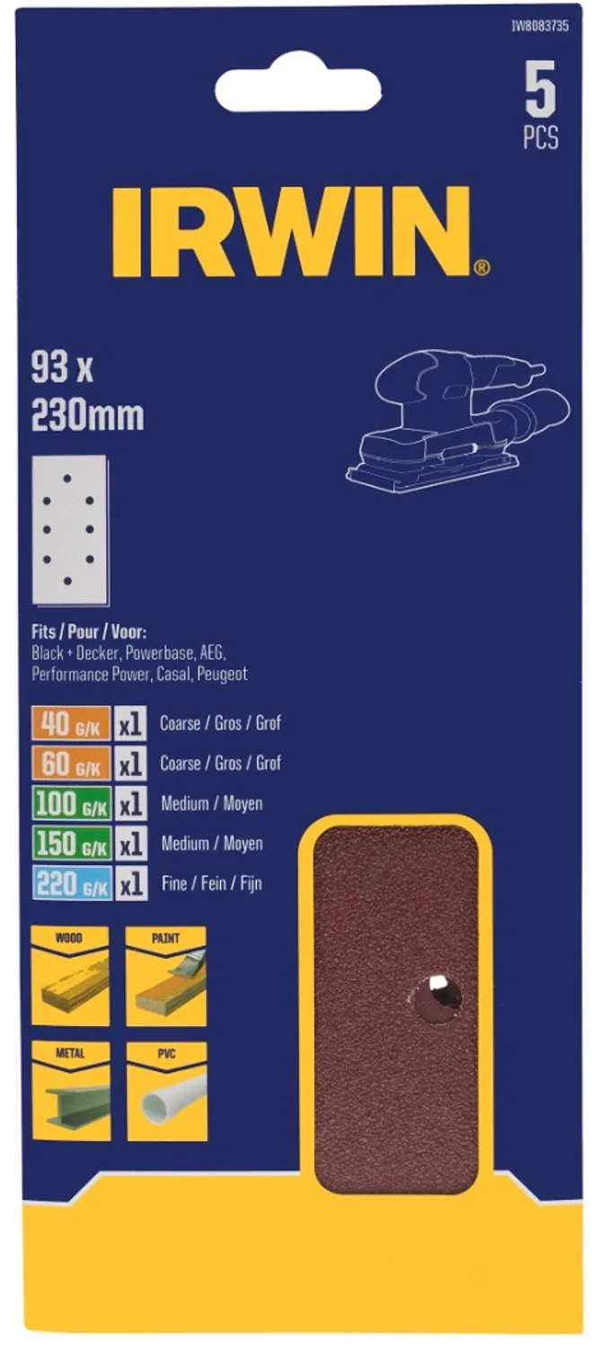 schuurvel 230 x 93 mm K40/K60/K100/K150/K220 voor klembevestiging, met perforatie voor B+D, 5 stuks. de Irwin – image du produit