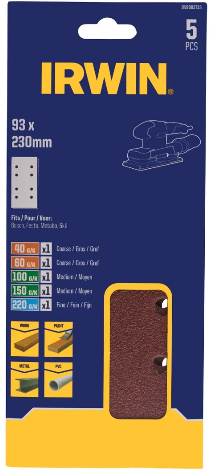 schuurvel 230 x 93 mm K40/K60/K100/K150/K220 voor klembevestiging, met perforatie voor Bosch, Skil, Gamma, Makita, Metabo, 5 stuks. de Irwin – image du produit