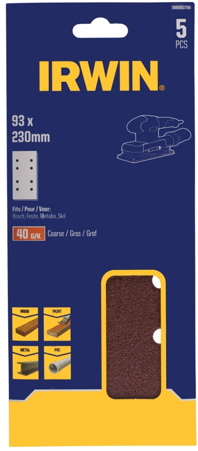 schuurvel 230 x 93 mm K40 voor klembevestiging, met perforatie voor Bosch, Skil, Gamma, Makita, Metabo, 5 stuks. van Irwin – productafbeelding