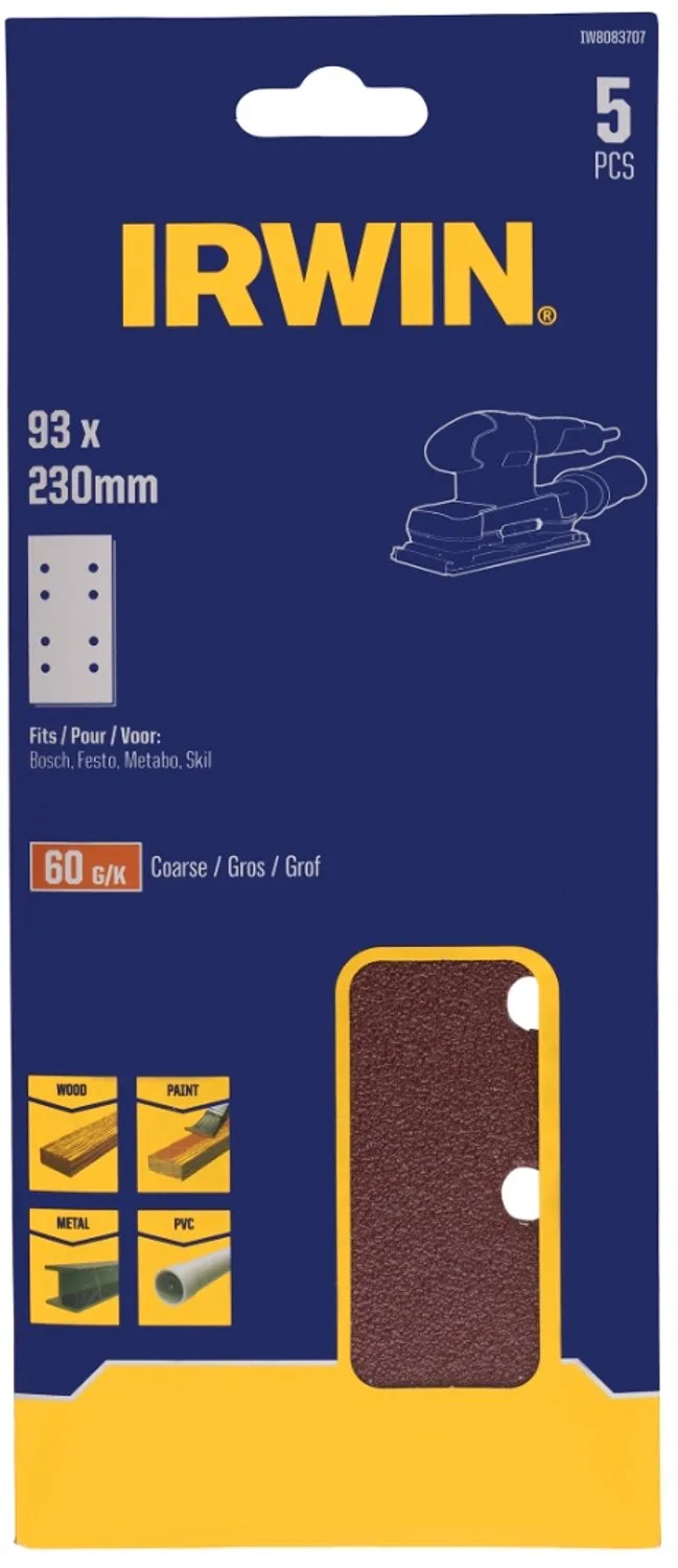 schuurvel 230 x 93 mm K60 voor klembevestiging, met perforatie voor Bosch, Skil, Gamma, Makita, Metabo, 5 stuks. de Irwin – image du produit