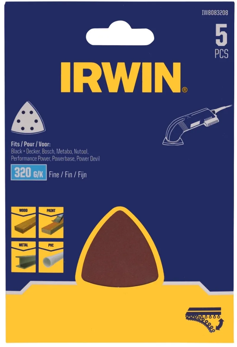 schuurvel driekhoek 95 x 95 mm zelfhechtend K320, 5 stuks fra Irwin – produktbillede