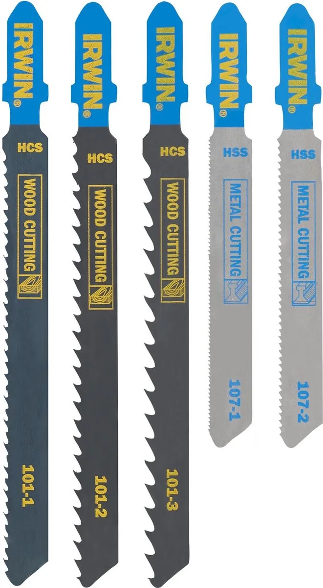 Set decoupeerzaagbladen 5PCS mix 3 hout/2 metaal, diverse vertanding, T aansluiting - 5054905293093 von Irwin – Produktbild