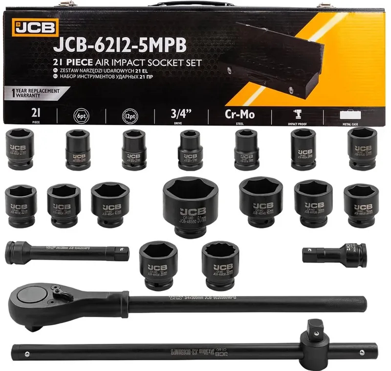 JCB 21-delige 3/4" Slagmoerset – Cr-Mo Staal, Slagvast, Met Ratel en Verlengstukken de JCB, Zwaart – image du produit