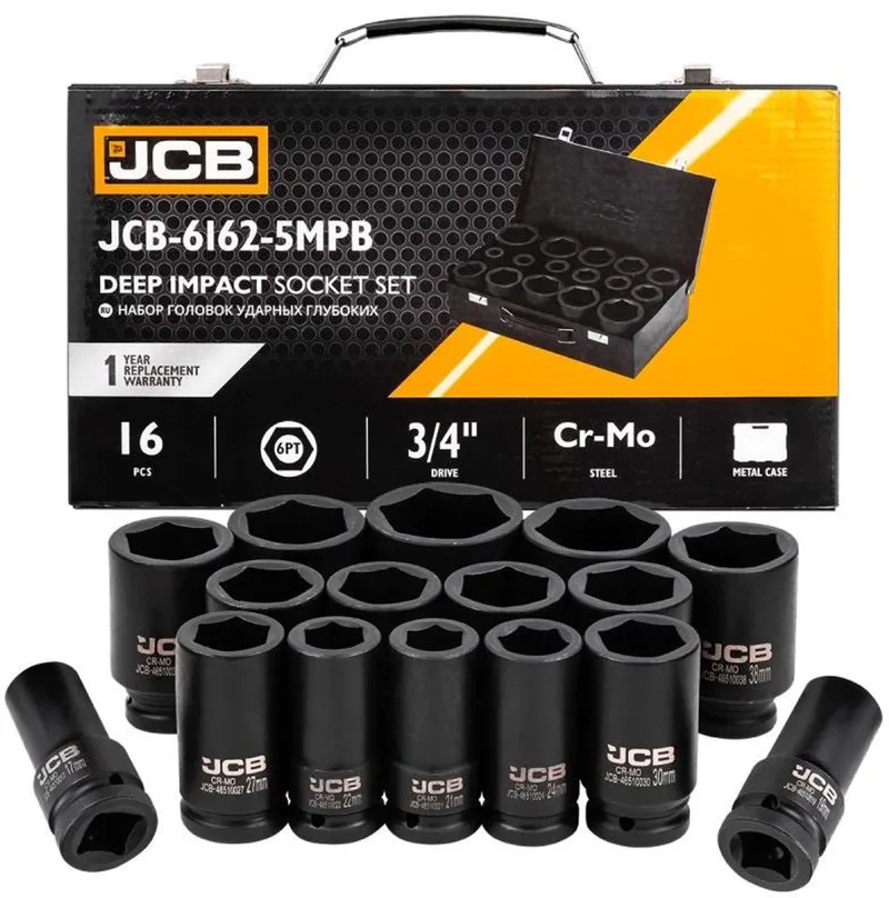 JCB 3/4" Diepe Impact Doppenset – 16-delig – 6pt - CR-Mo Staal – Inclusief Metalen Koffer de JCB, Noir – image du produit