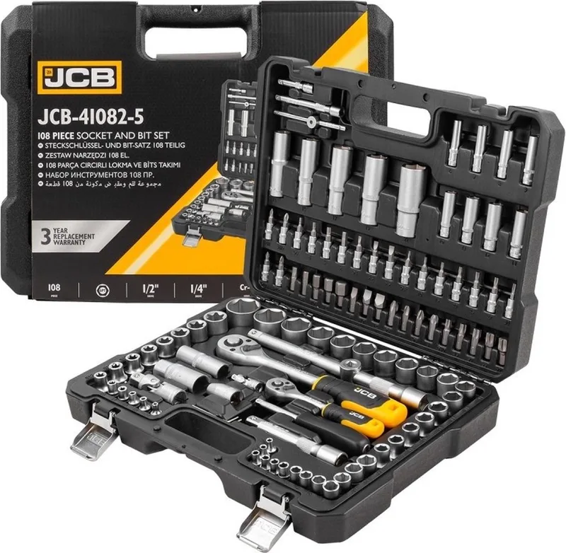 Professionele 108-Delige Dopsleutel Set - Met Ratel, Momentsleutel & Verlengstuk - Hoogwaardig Chroom-Vanadiumstaal - Snelwisselsysteem - 1/4", 1/2" Inch by JCB, Black – product image