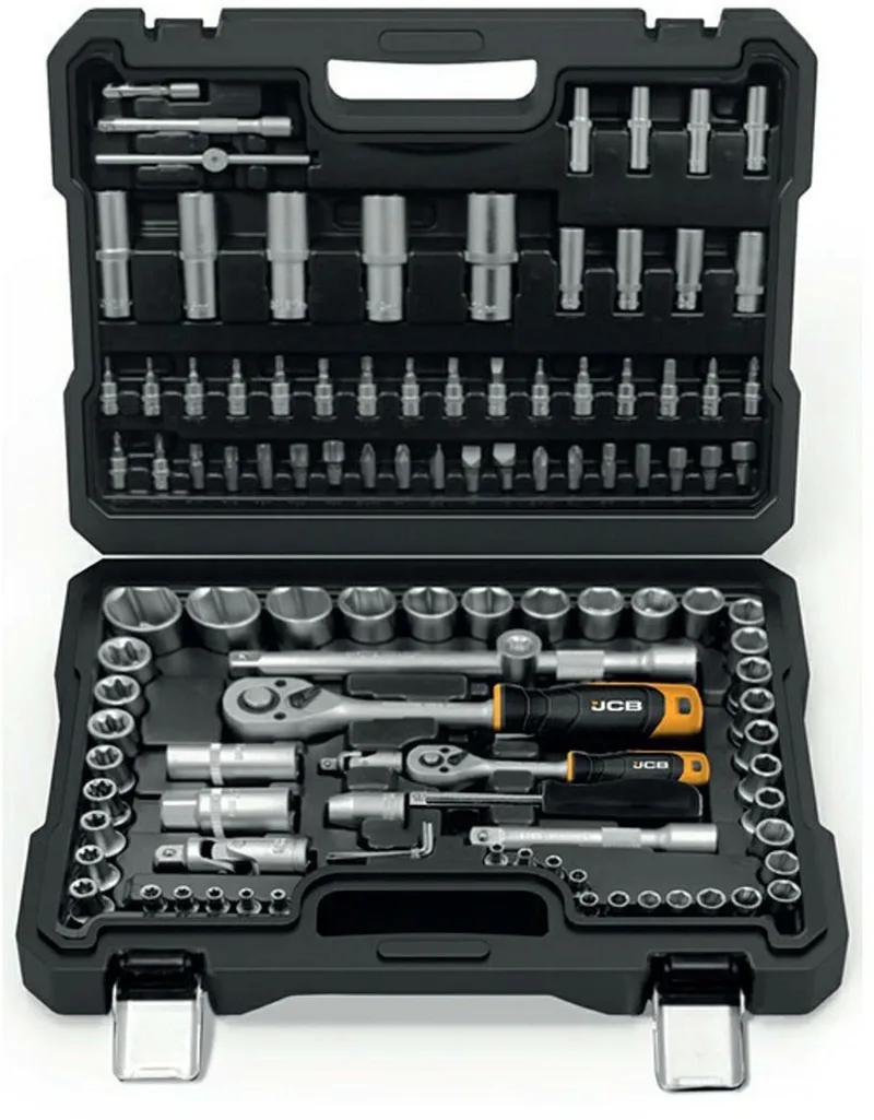 Professionele Gereedschapsset - 108-delig - Nasadki 1/2" en 1/4" - Ergonomische Handgreep de JCB, Argent – image du produit