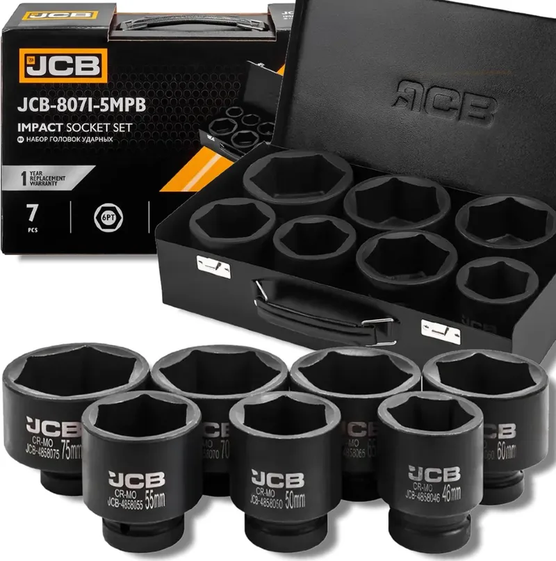 Serie - Dopsleutelset - 1" Aandrijving - 6-Kantig - 7 Delig - CrMo Staal von JCB, Schwarz – Produktbild
