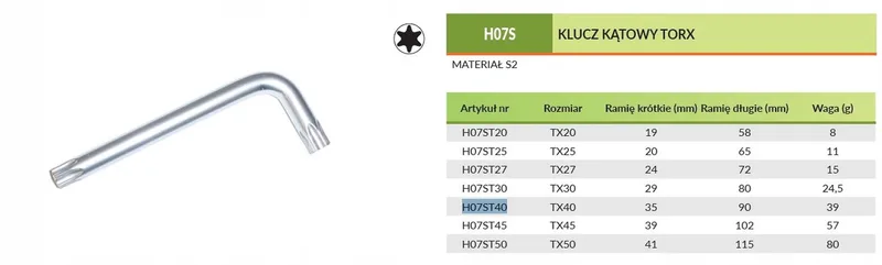 Torx Inbussleutel Gebogen T40 H07ST40 - 90mm by Jonnesway – product image
