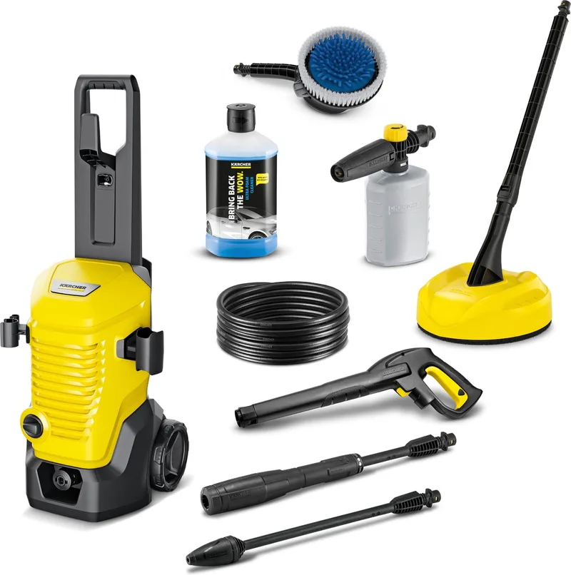 Hogedrukreiniger | K 4 Modular Car & Home compleet - Incl. Terrasreiniger T 2 - Roterende wasborstel WB 130 - Foam Jet FJ 6 en reinigingsmiddel 1 L - 130 bar - Wateropbrengst 420 l/u von Kärcher – Produktbild