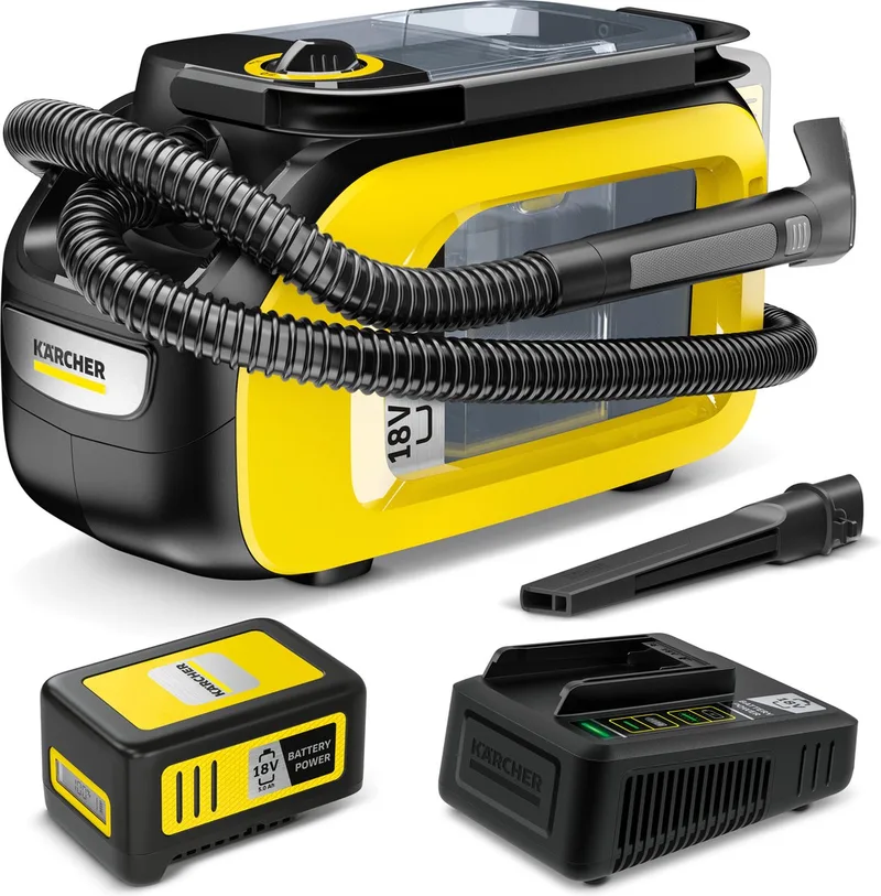 SE 3-18 Compact Set Tapijtreiniger - Incl. accu 18V 5.0 Ah - Snellader - Sproei-extractiereiniger - Vezeldiepe reiniging de Kärcher, Jaune – image du produit