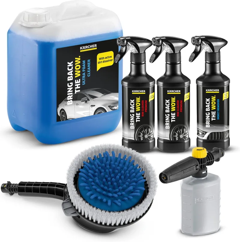 WB 130 wasborstel Hogedrukreiniger accessoire - Autoreiniger 5L - Foam jet FJ 6 - Insectenverwijderaar 500ml (1x) - Velgenreiniger Premium RM 667 (2x) de Kärcher – image du produit
