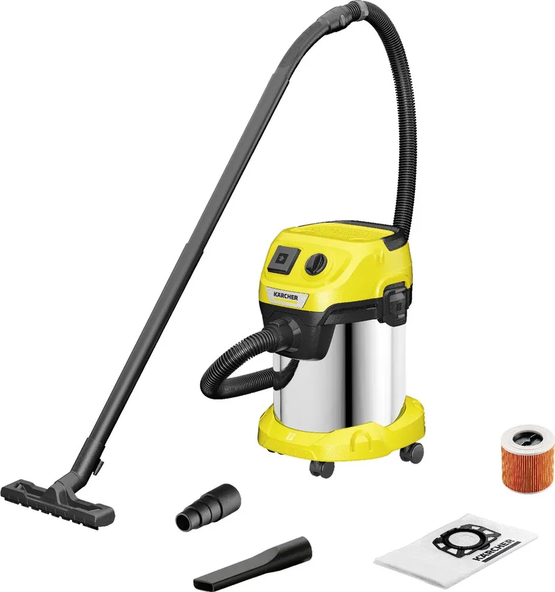 WD 3 P S V-17/4/20 Nat-en Droogzuiger - 1000 W - RVS container 17 liter - Geïntegreerd stopcontact aansluiting gereedschap - Patroonfilter de Kärcher – image du produit