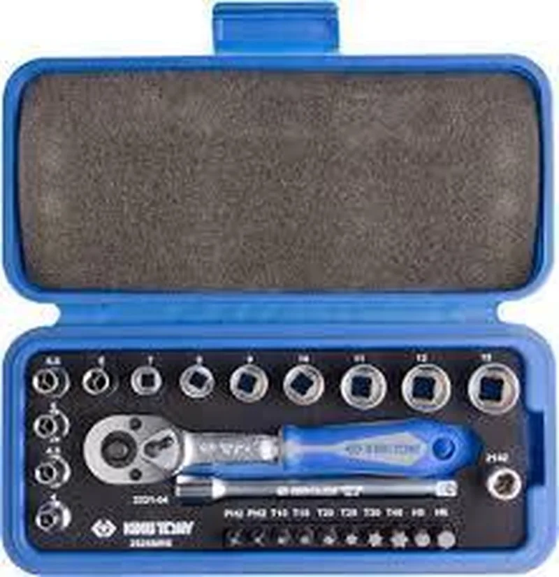 dopsleutelset 1/4" metrisch met accessoires - 25 delig van King Tony, Verpakking blauw – productafbeelding