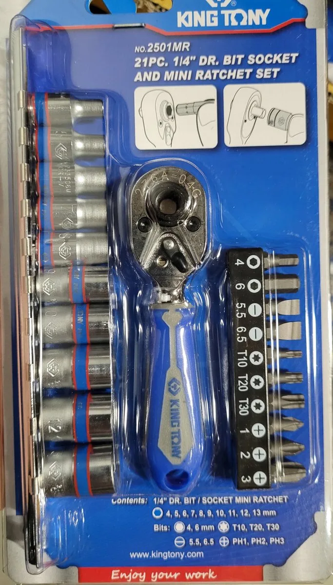 Gereedschapset 1/4" met Ratel en Bits, 21 Delig van King Tony – productafbeelding