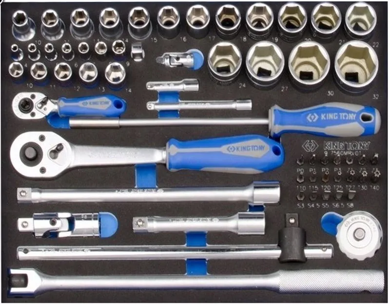King Tony 60-delige Doppenset 1/4" & 1/2" 4-32mm met EVA Foam Inleg de King Tony, Bleu – image du produit