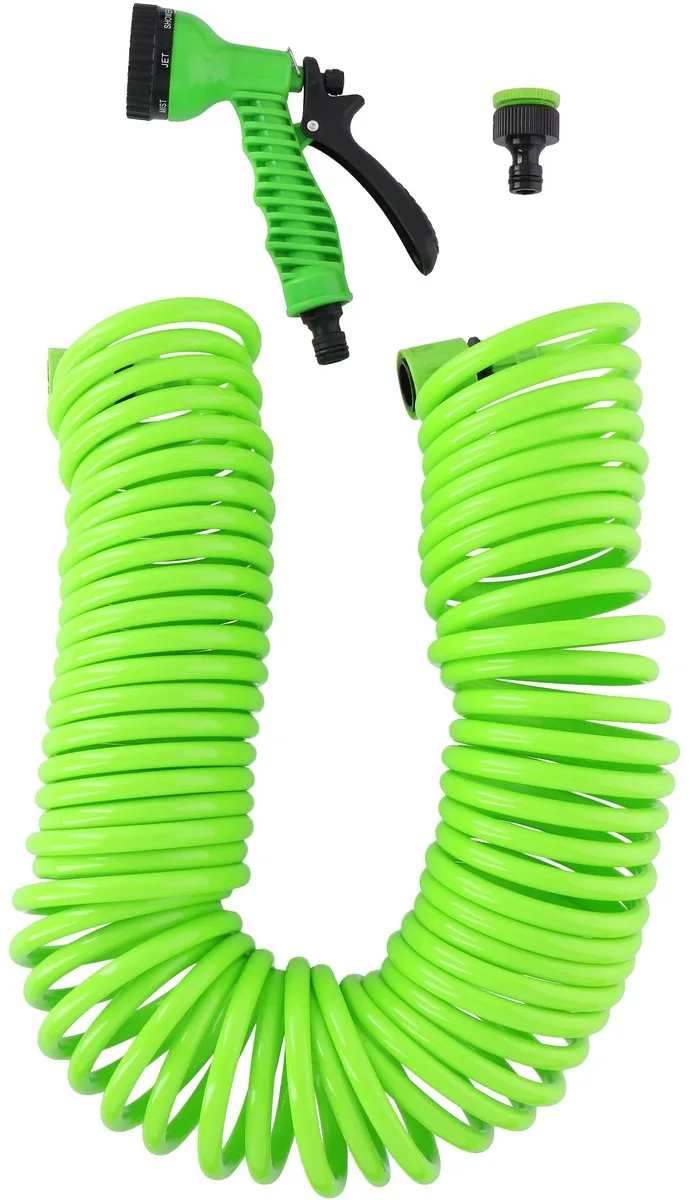 Flexibele Tuinslag 15 Meter - Incl. Sproeikop en Snelkoppeling - 7 Sprayfuncties - Spiraalslang - Uv-Bestendig - PVC - Groen van Kinzo – productafbeelding