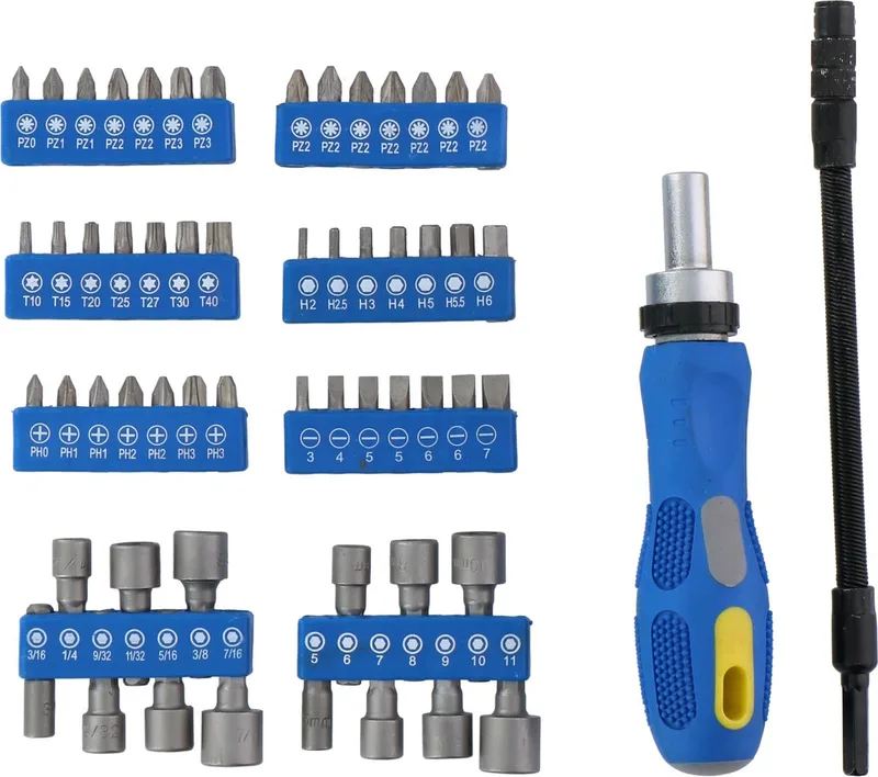 Gereedschapset: Bitset/ Doppenset met Ratel - 14 Doppen - 42 Bits - o.a. Torx, Inbus en Kruiskop - 58 Stuks van Kinzo, Blauw – productafbeelding