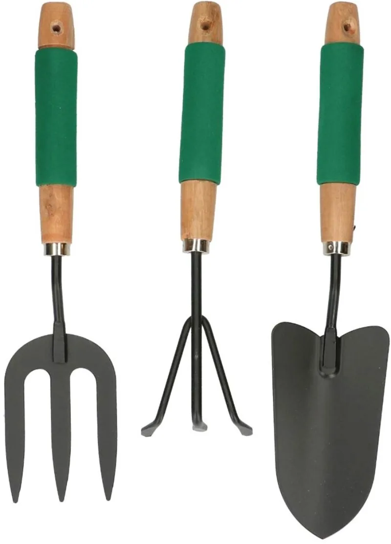 Tuingereedschap Set 3-Delig - Set met Handhark, Vork en Schep - Comfort Grip en Antiaanbaklaag - Tuinaccessoires voor Bloempotten en Borders van Kinzo – productafbeelding