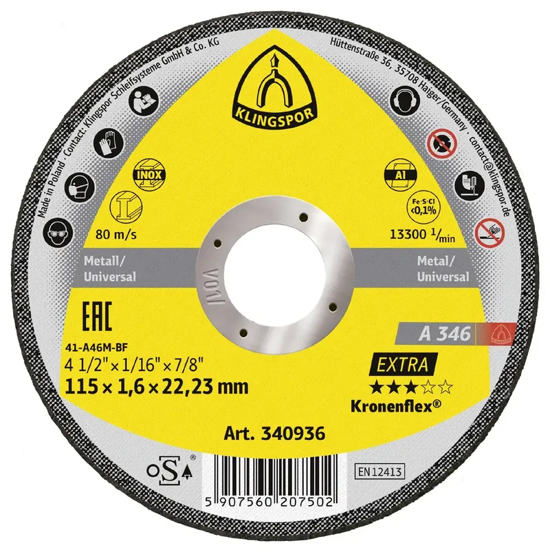 A 346 Extra 340936 Trennscheibe gerade 115 mm 25 St. Edelstahl, Stahl by Klingspor – product image