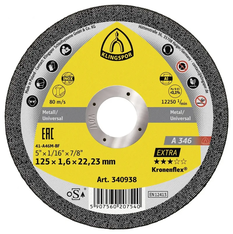 A 346 Extra 340938 Disque à tronçonner 125 mm 25 pc(s) acier inoxydable, acier de Klingspor – image du produit