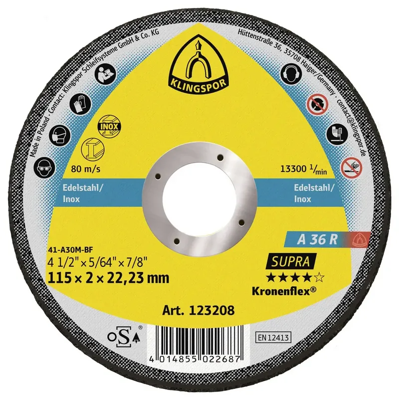 A 36 R Supra 123208 Disque à tronçonner 115 mm 25 pc(s) acier inoxydable de Klingspor – image du produit