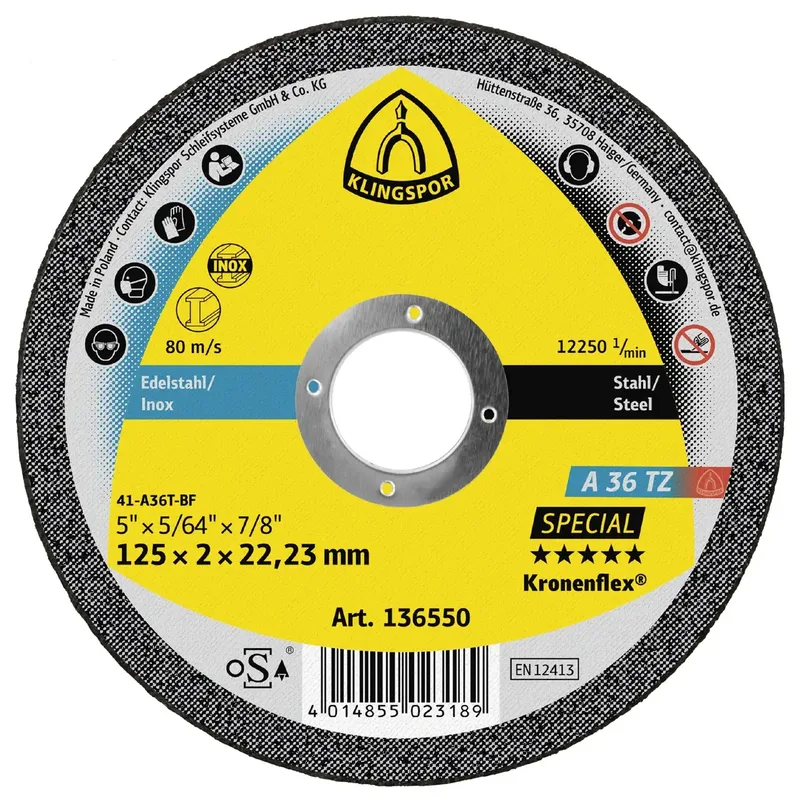 A 36 TZ Special 136550 Disque à tronçonner 125 mm 25 pc(s) acier inoxydable de Klingspor – image du produit