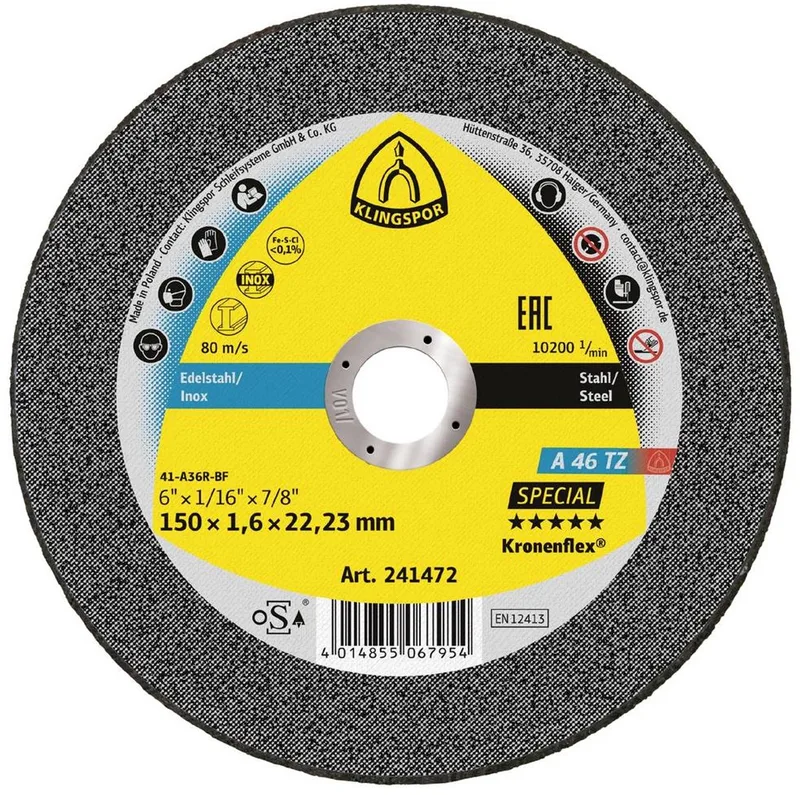 A 46 TZ Special 241472 Disque à tronçonner 150 mm 25 pc(s) acier inoxydable, acier de Klingspor – image du produit