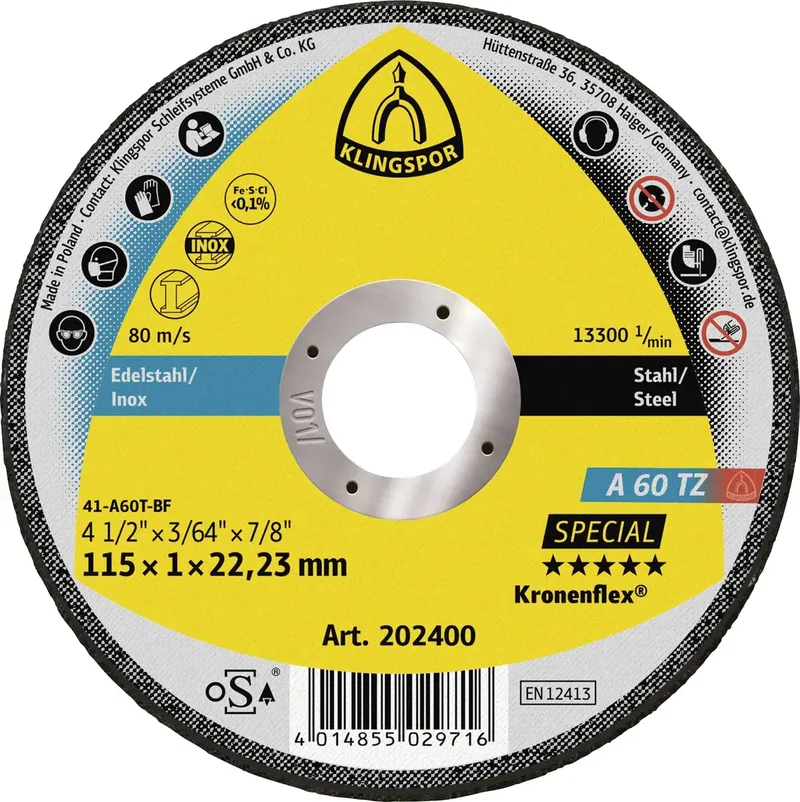 A 60 TZ Special 202400 Trennscheibe gerade 115 mm 25 St. Edelstahl, Stahl fra Klingspor – produktbillede 1 af 2