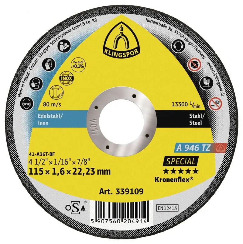 A 946 TZ Special 339109 Disque à tronçonner 115 mm 25 pc(s) acier, acier inoxydable de Klingspor – image du produit 1 sur 2