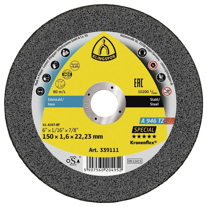A 946 TZ Special 339111 Disque à tronçonner 150 mm 25 pc(s) acier, acier inoxydable de Klingspor – image du produit 1 sur 2