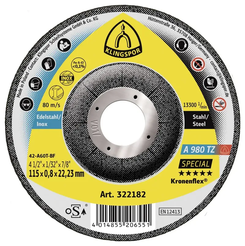 A 980 TZ Special 322182 Trennscheibe gekröpft 115 mm 25 St. Edelstahl, Stahl, NE-Metalle fra Klingspor – produktbillede