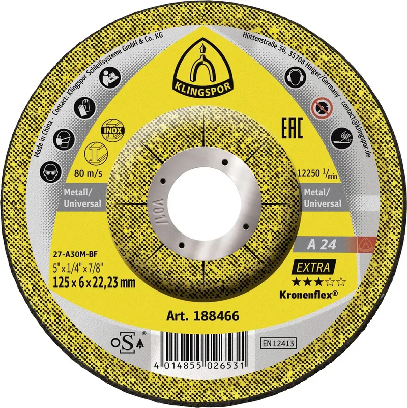 Klingspor 188466 A 24 Extra Schruppscheibe gekröpft Durchmesser 125 mm Bohrungs-Ø 22.23 mm Stahl 10 St. de Klingspor – image du produit 1 sur 2