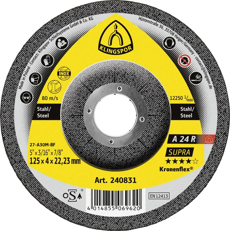 Klingspor 240831 A 24 R Supra Schruppscheibe gekröpft Durchmesser 125 mm Bohrungs-Ø 22.23 mm Stahl 10 St. de Klingspor – image du produit