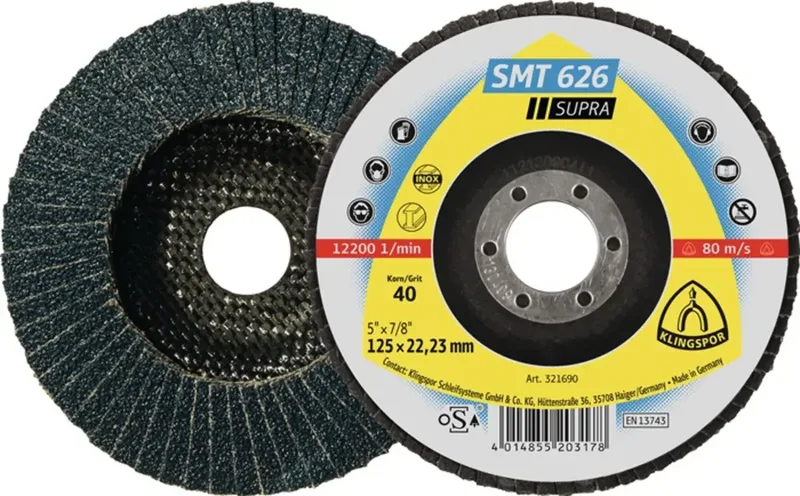 Klingspor 321698 SMT 626 Supra Lamellenschijf Diameter 125 mm Boordiameter 22.23 mm Korrelgrootte (num) 80 Inox, Staal 10 stuk(s) fra Klingspor – produktbillede