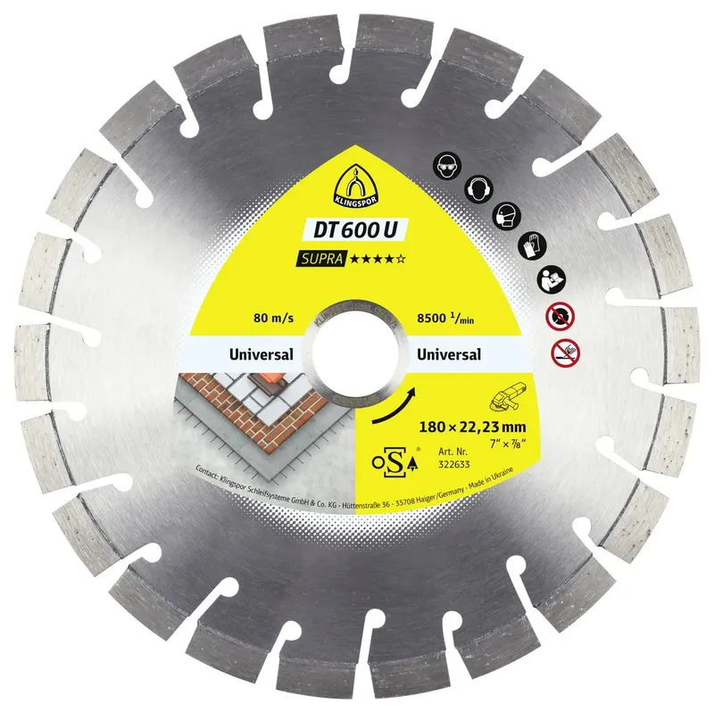 Klingspor 322633 DT 600 U Supra Diamanttrennscheibe Durchmesser 180 mm Bohrungs-Ø 22.23 mm Baustellenmaterialien, Beton, universal, Altbeton, armiert van Klingspor – productafbeelding 1 van 2