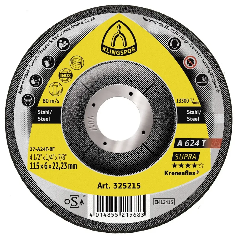 Klingspor 325215 A 624 T Supra Schruppscheibe Durchmesser 115 mm Bohrungs-Ø 22.23 mm Stahl, Edelstahl, Guss 10 St. fra Klingspor – produktbillede