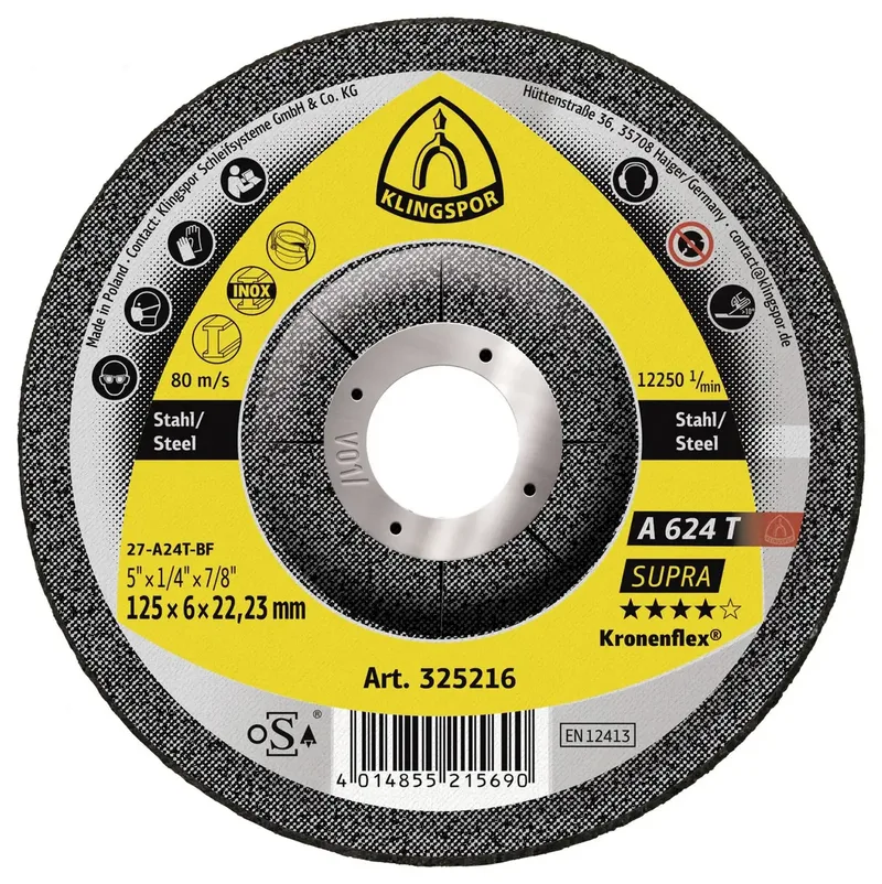 Klingspor 325216 A 624 T Supra Schruppscheibe Durchmesser 125 mm Bohrungs-Ø 22.23 mm Stahl, Edelstahl, Guss 10 St. van Klingspor – productafbeelding
