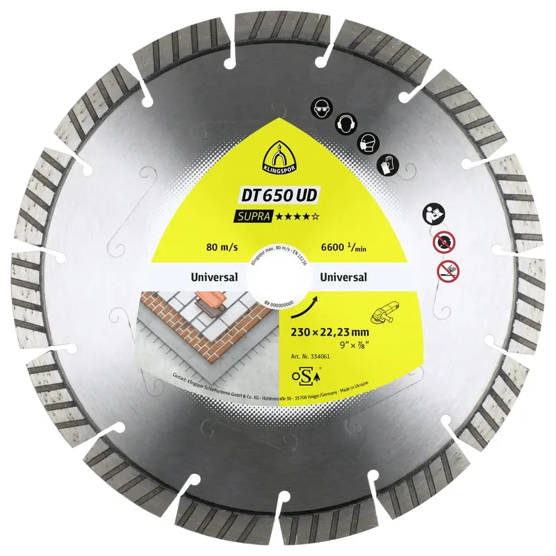 Klingspor 334061 DT 650 UD Supra Diamanttrennscheibe Durchmesser 230 mm Bohrungs-Ø 22.23 mm Baustellenmaterialien, Altbeton, armiert, Beton, universal van Klingspor – productafbeelding 1 van 2