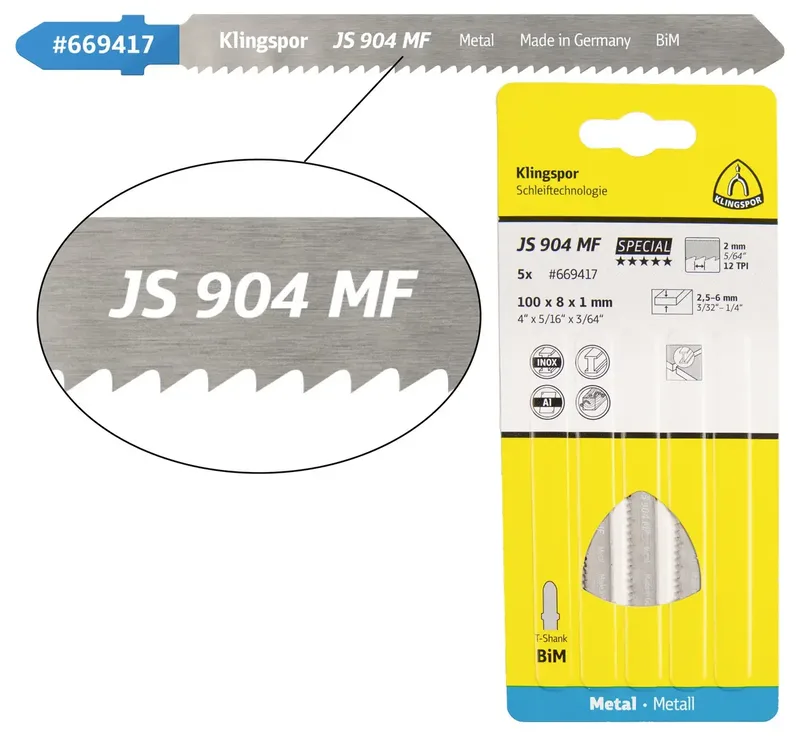 Klingspor 669417 JS 904 MF Stichsägeblätter, 100 x 8 x 1 mm Nutzlänge 75Bi-Metall, gefräst, gewellt , 12 Zähne pro Zoll, SB-verpackt im Karton 5 St. de Klingspor – image du produit 1 sur 2