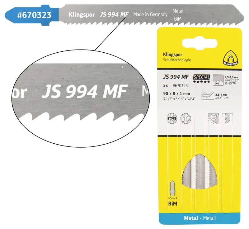 Klingspor 670323 JS 994 MF Stichsägeblätter, 90 x 8 x 1 mm Nutzlänge 63Bi-Metall, gefräst, gewellt , 11-13 Zähne pro Zoll, SB-verpackt im Karton 5 St. by Klingspor – product image 1 of 2