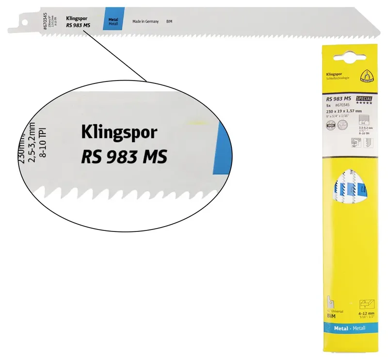 Klingspor 670345 RS 983 MS Säbelsägeblätter, 230 x 19 x 1,57 mm Nutzlänge 210Bi-Metall, gefräst, geschränkt , 8-10 Zähne pro Zoll, SB-verpackt im Karton de Klingspor – image du produit 1 sur 2