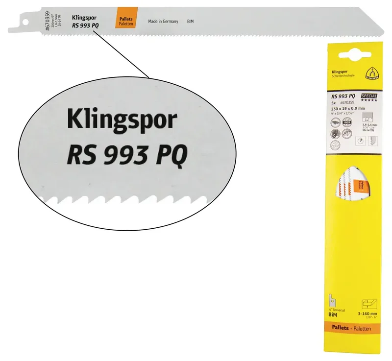 Klingspor 670359 RS 993 PQ Säbelsägeblätter, 230 x 19 x 0,9 mm Nutzlänge 210Bi-Metall, gefräst, geschränkt , 10-14 Zähne pro Zoll, SB-verpackt im Karton fra Klingspor – produktbillede 1 af 2